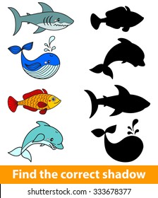 Game for children: find the correct shadow (shark, dolphin, fish, whale). Vector illustration