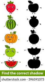 Game for children: find the correct shadow (strawberry, watermelon, pumpkin, apple). Vector illustration