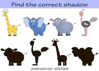 Game for children: find the correct shadow. Set of four african cartoon animals.