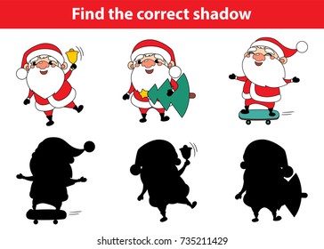 Game for children: find the correct shadow (Santa Claus with bell, Santa Claus with christmas tree, Santa Claus on skateboard). Vector illustration
