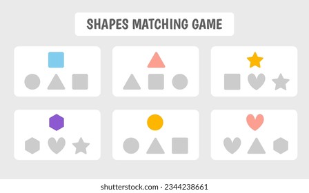 Game for children. Find the correct shape or match shapes. Logic worksheet for kids. Development of attention, memory, thinking. Vector colorful illustration