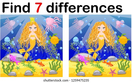 Game for children: find differences, little mermaid and sea world