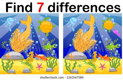 Game for children: find differences, little mermaid and sea world