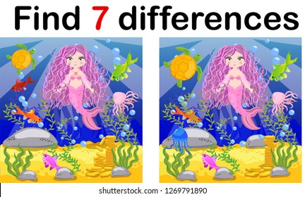 Game for children: find differences, little mermaid and sea world.
