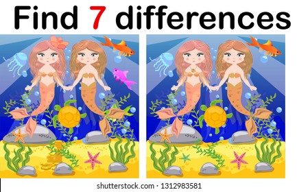 Game for children: find differences, little mermaid and sea world