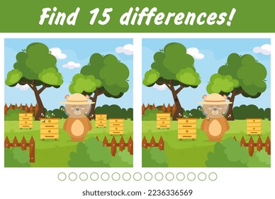 Game for children find differences in the picture. The bear collects honey.