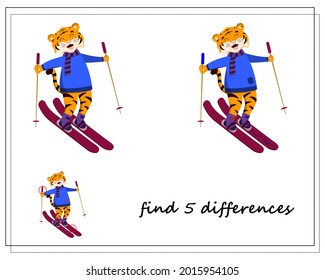 un juego para los niños encuentra las diferencias, invierno, un tigre en esquís, un símbolo del año. vector aislado en un fondo blanco