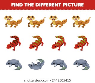 Game for children find the different picture in each row of cute gecko printable pet worksheet