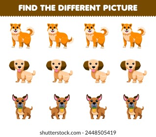 Game for children find the different picture in each row of cute dog printable pet worksheet