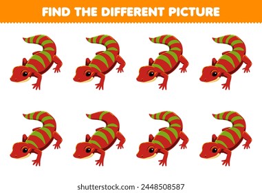 Game for children find the different picture of cute cartoon gecko printable pet worksheet