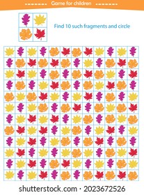 A game for children. Find the fragments of the autumn leaves shown in the sample. Development of attention, thinking