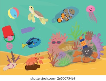 Jogo para crianças, encontrar lixo em recife de coral. Tarefas lógicas para ilustração vetorial de pré-escolares.