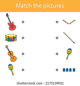 Game for children. Find a match. Musical instruments. The development of logical thinking in preschool children. Vector illustration