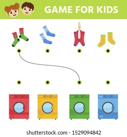 Game for children. Find a pair of matching socks.  Preschool worksheet activity for kids. Children funny riddle entertainment. Vector illustration 