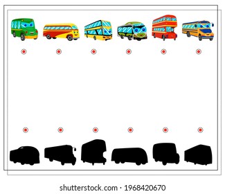 a game for children. find the right shadow. city transport, cartoon buses with eyes and a smile, red, yellow and green colors. vector isolated on a white background