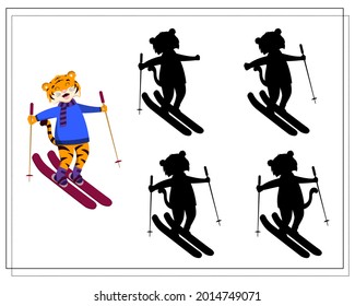 a game for children find the right shadow, a cartoon tiger is skiing. vector isolated on a white background