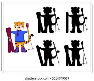 a game for children find the right shadow, a cartoon tiger on skis. vector isolated on a white background