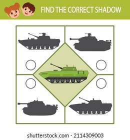 Juego para niños. Encuentra la sombra correcta. Equipo militar. Plantilla para imprimir juegos. Actividad para niños y niños de edad preescolar с