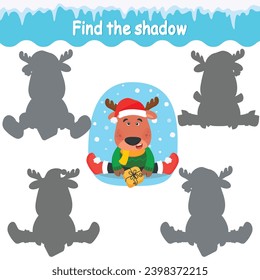 Game for children. Find the right shadow. Christmas cute deer with a gift. New Year theme. Vector illustration