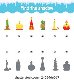 Game for children. Find the right shadow. Christmas candles. Vector illustration