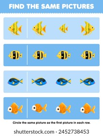 Game for children find the same picture in each row of cute fish printable pet worksheet