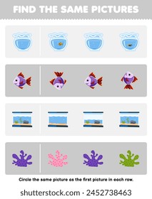 Game for children find the same picture in each row of cute fish and stuff printable pet worksheet