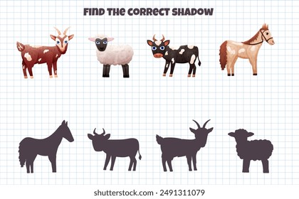 Game for children to find shadow with farm animals