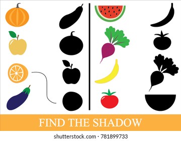 Game for children. Find the shadow of objects of vegetables, berries and fruits. Vector illustration.