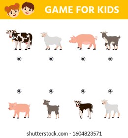Game for children. Find the way from the animal mom to young. Goat, Cow, sheep, Pig. Educational worksheet for kids.