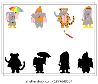 un juego para los niños encuentra dónde está su sombra. tierno elefante de dibujos animados. ilustración plana vectorial aislada en fondo blanco
