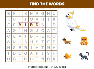Game for children find the words for cute bird dog hamster fish cat printable pet worksheet