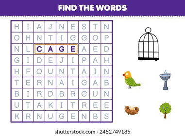 Game for children find the words for cute cage bird fountain nest tree printable pet worksheet