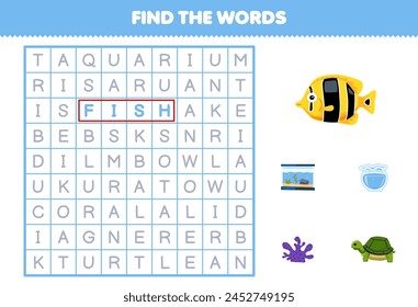 Game for children find the words for cute fish aquarium bowl coral turtle printable pet worksheet