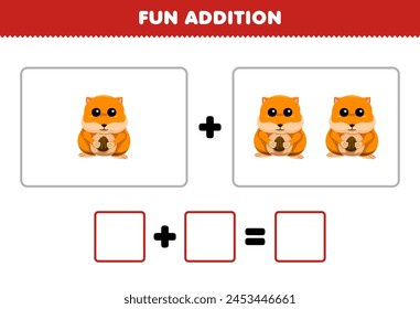 Game for children fun addition by counting cute cartoon hamster pictures printable pet worksheet