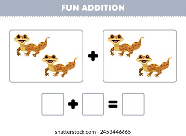 Game for children fun addition by counting cute cartoon gecko pictures printable pet worksheet