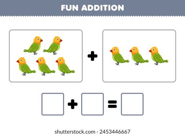 Game for children fun addition by counting cute cartoon bird pictures printable pet worksheet