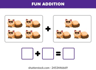 Game for children fun addition by counting cute cartoon fluffy cat pictures printable pet worksheet