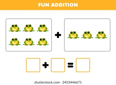 Game for children fun addition by counting cute cartoon frog pictures printable pet worksheet