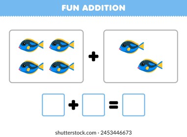 Game for children fun addition by counting cute cartoon fish pictures printable pet worksheet