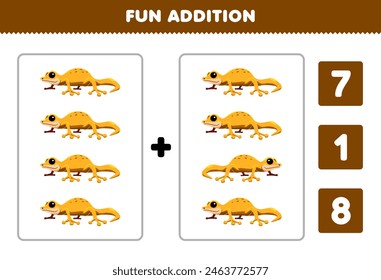 Game for children fun addition by count and choose the correct answer of cute gecko pet worksheet