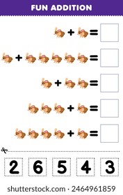 Juego para niños adicion divertida por corte y coincidencia número correcto para la hoja de trabajo de mascota de conejo lindo