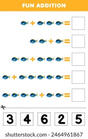 Spiel für Kinder Spaß Addition durch Schnitt und Match korrekte Zahl für niedliche Fisch Haustier Arbeitsblatt