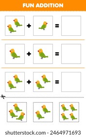 Juego para niños divertida adición por corte y coincidencia de imágenes de pájaros lindos imprimibles hoja de trabajo para mascotas