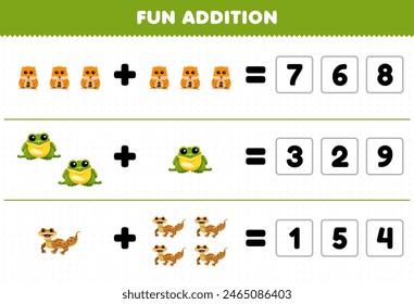 Game for children fun addition by guess the correct number of cute hamster frog gecko pet worksheet