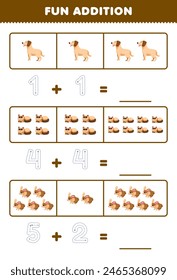 Game for children fun addition by counting and tracing the number of cute brown animal pet worksheet
