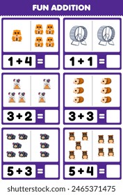 Game for children fun addition by counting and sum of cute hamster printable pet worksheet