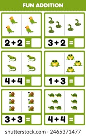 Game for children fun addition by counting and sum of cute green animal printable pet worksheet