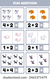 Game for children fun addition by counting and sum of cute cat and mouse printable pet worksheet