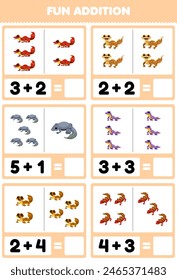 Game for children fun addition by counting and sum of cute gecko printable pet worksheet