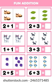 Spiel für Kinder Spaß Zugabe durch Zählen und Summe von niedlichen Katze und Zeug druckbare Haustier-Arbeitsblatt